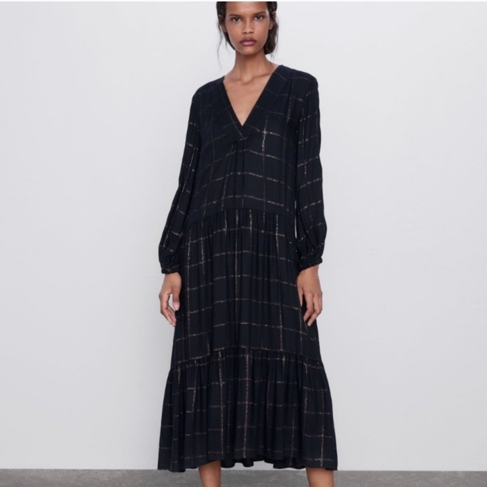 ZARA Women Black Plaid Dress